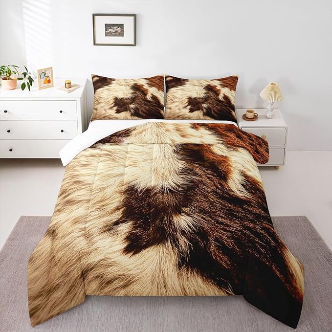 Erosebridal Cow Print Comforter Set King Cowhide Bedding Sets Adult Women Men Highland Cow Fur Comforter Western Farm Wild Animal Down Comforter Brown White Bull Cattle Skin Duvet Insert 3Pcs