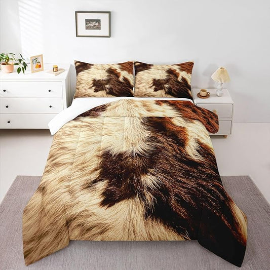 Erosebridal Cow Print Comforter Set King Cowhide Bedding Sets Adult Women Men Highland Cow Fur Comforter Western Farm Wild Animal Down Comforter Brown White Bull Cattle Skin Duvet Insert 3Pcs