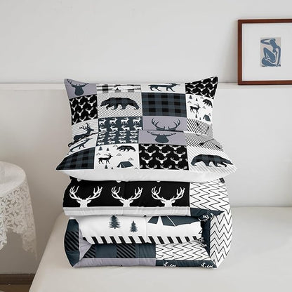 Feelyou Rustic Deer Bear Comforter Set Full, Camping Hunting Comforter Set for Kids Western Farmhouse Comforter Bear Antler Silhouette Duvet Set Breathable Quilt Set 3Pcs