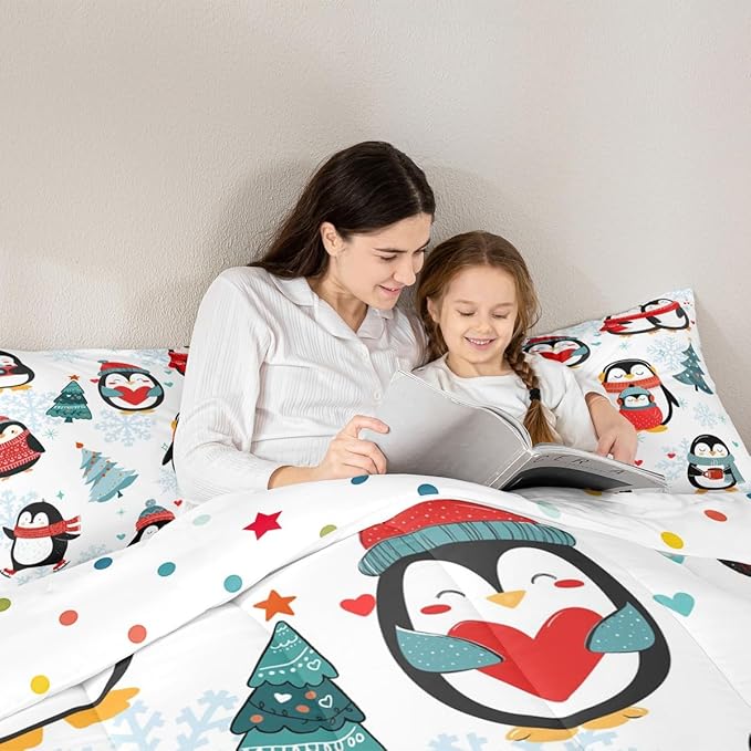 Castle Fairy Winter Snowflake Happy Xmas Theme Comforter Set with 2 Pillowcases,Christmas Tree Super Soft Microfiber Bedding Set for Adults Teens,Cartoon Penguin Duvet Set for Room Decor,King