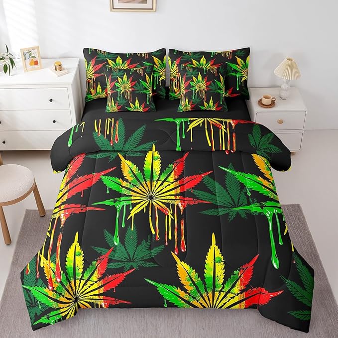 Feelyou Marijuana Comforter Set King Size 7 Pcs Cannabis Leaf Comforter Bed in a Bag Green Leaves Bedding Set for Boys Girls Teens Trippy Bed Set with Sheets, Pillowcases, Pillow Covers