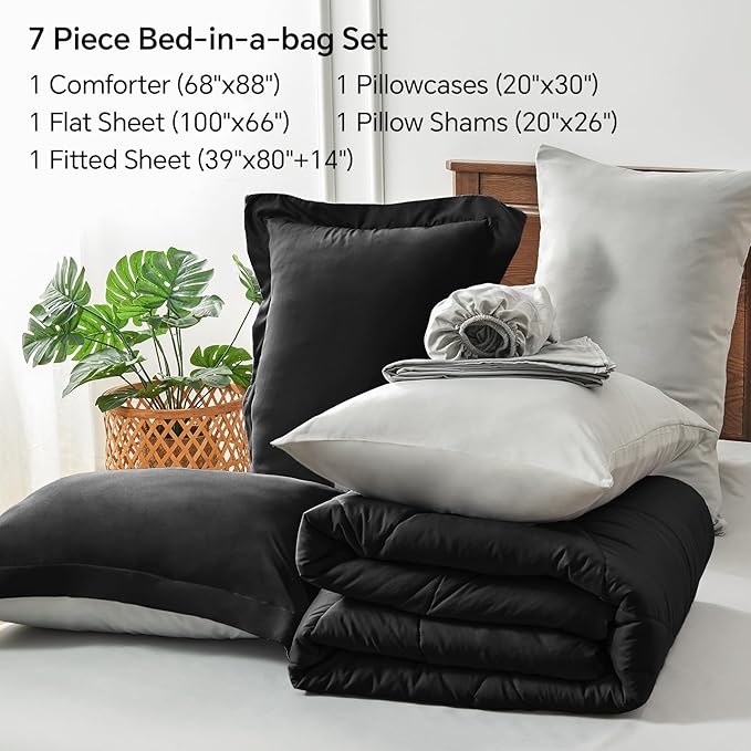 BEDELITE Twin XL Comforter Set 5 Pieces Bed in A Bag - Soft Microfiber Reversible Twin Extra Long Black Bed Set with Comforters, Sheets, Pillowcase & Sham, Cozy Bedding Sets for College Dorm Room