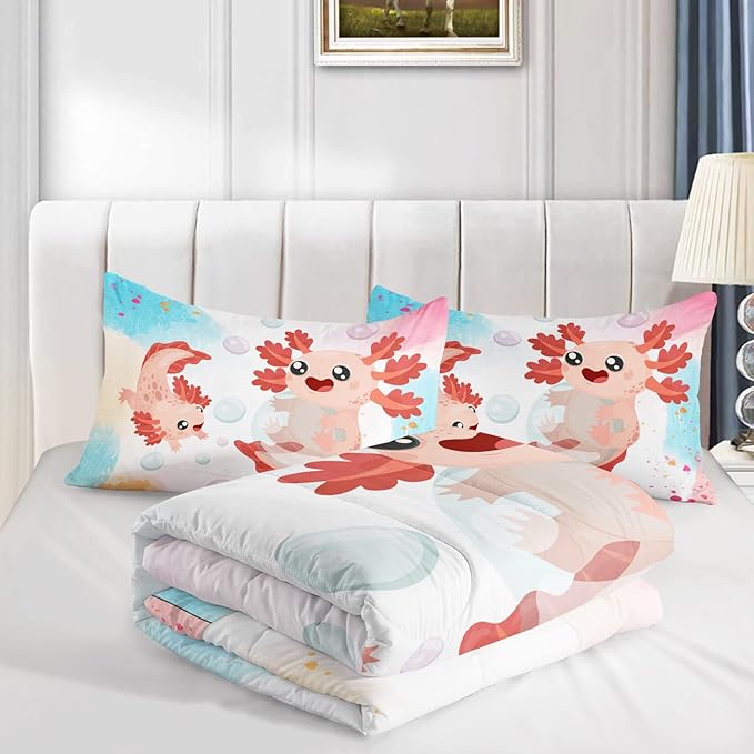 HOSIMA Axolotl Bedding Set for Kids Bedroom Decor,Cute Cartoon Axolotl and Colorful Background Kawaii Bedding Set for Girls Kids,Cartoon Sea Animals Axolotl Comforter Twin with 2 Pillowcase.