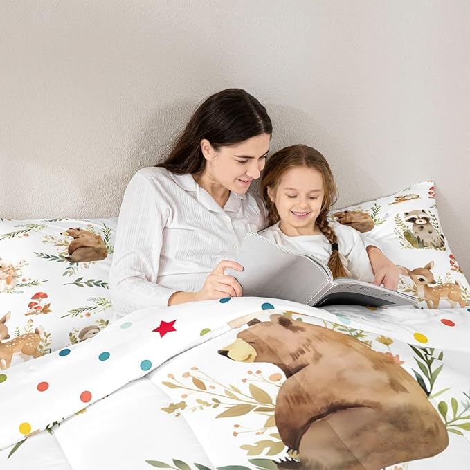 Erosebridal Kids Cute Deer Queen Size Bedding Set, Woodland Animal Down Comforter Rabbit Hedgehog Comforter Set for Boys Teens Girls Room, Mushroom Branches Rustic Quilt, Soft Microfiber