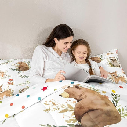 Erosebridal Kids Cute Deer Queen Size Bedding Set, Woodland Animal Down Comforter Rabbit Hedgehog Comforter Set for Boys Teens Girls Room, Mushroom Branches Rustic Quilt, Soft Microfiber