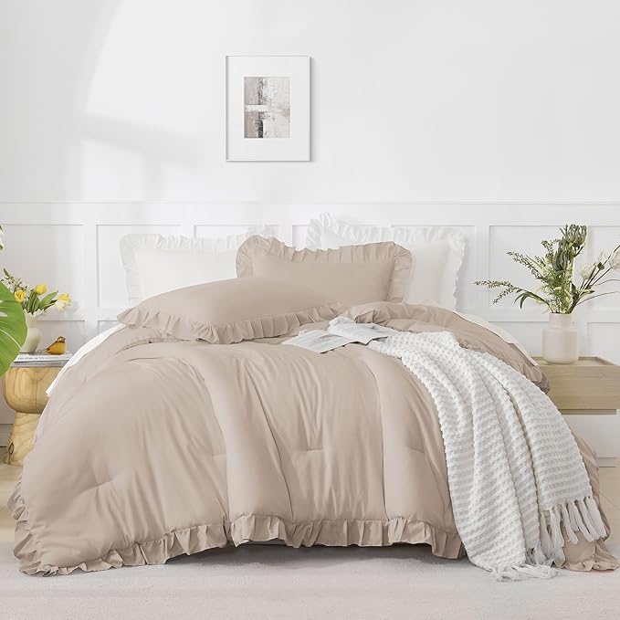 Andency Oversized King Comforter Set 120x98, 3 Pieces Ruffle Shabby Chic Famhouse Bedding Set, All Season Lightweight Fluffy Bed Set for Girls Women, Khaki