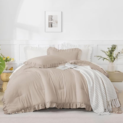 Andency Oversized King Ruffle Comforter Set 120x120, 3 Pieces Khaki Lightweight Fluffy Super King Bedding Set, Shabby Chic Famhouse All Season Bed Set for Girls Women