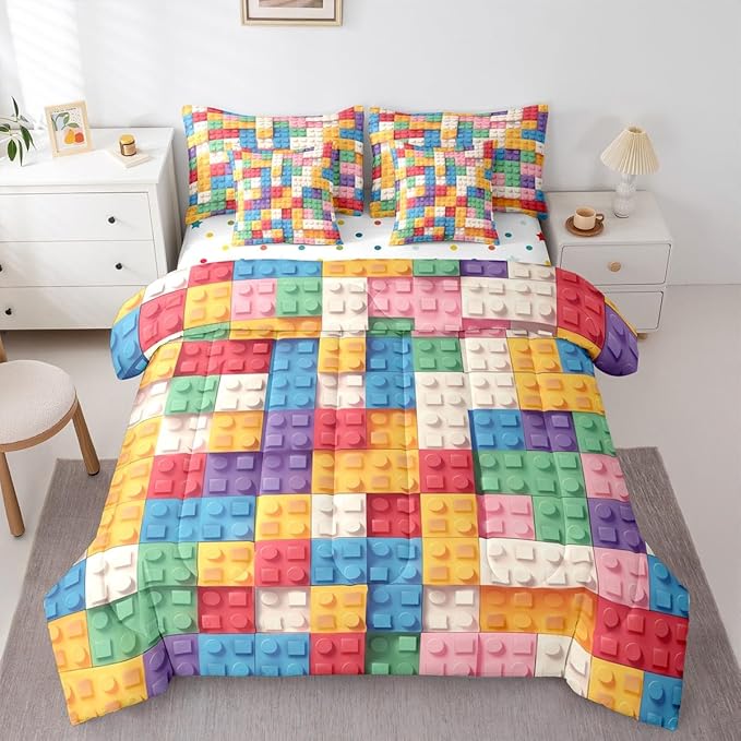 Feelyou Building Block Print 7 Piece Bedding Set Queen Size Kids Brick Styles Comforter Set with Sheets for Boys Teens Colorful Gaming Bed in a Bag Green Red Yellow Blue Room Decor