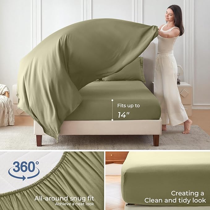 Sasttie Twin Comforter Set, 5 Pieces Reversible Bed in a Bag Twin, Complete Bedding Set Includes Comforter, Flat Sheet, Fitted Sheet, Pillowcase and Pillow Sham, Olive & Light Grey