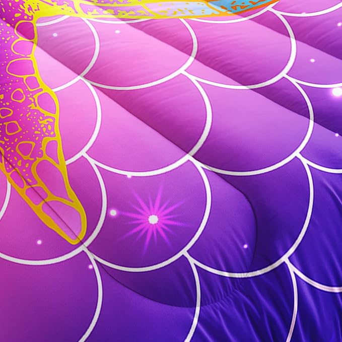 HOSIMA Mermaid Fish Scales Bedding Sets Twin,Sea Turtle Comforter Rainbow Bedding Glitter Star Themed Twin Comforter Set for Girls Kids Room Decor,Twin Bed Set for Girls with 2 Pillowcases.