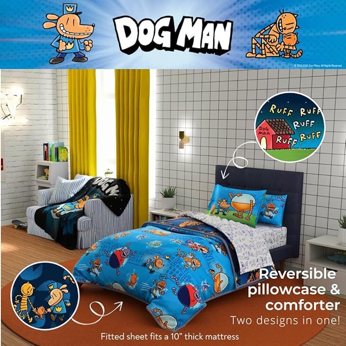Franco Dog Man Supa Book Kids Bedding Super Soft & Cozy Reversible Microfiber Comforter and Sheet Set with Sham, 5 Piece Twin Size, (Officially Licensed Product)