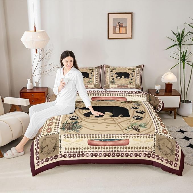 Erosebridal Black Bear Queen Comforter Set - Rustic Cabin Decor Bedding with Tribal Wild Animals, Western Swirls, Paw Print - Quilted Down Comforter for Exotic Nordic Style Bedroom Decor