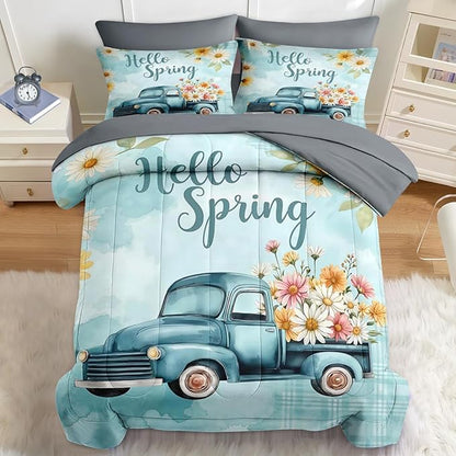 Nesker 5 Pcs Spring Comforter Set Twin Size, Truck Flowers Farmhouse Bedding Set for Kids and Adults, Blue Daisy Bed Sheet Sets with Fitted Sheet Pillowcase & Sham