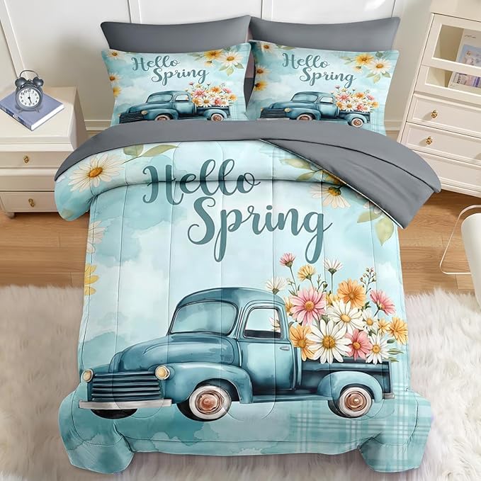 Nesker 7 Pcs Spring Comforter Set Full Size, Truck Flowers Farmhouse Bedding Set for Kids and Adults, Blue Daisy Bed Sheet Sets with Fitted Sheet 2 Pillowcases & 2 Shams