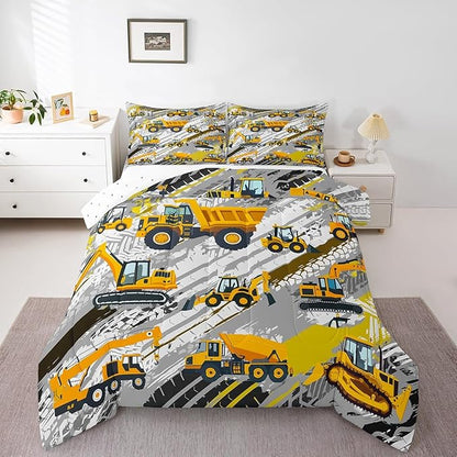Boys Construction Comforter Set Truck Bedroom Decor for Kids Girls Under Construction Vehicles Down Comforter Nursery Children Cartoon Machinery Truck Excavator Bedding Tractor Cars Duvet Quilt,Twin