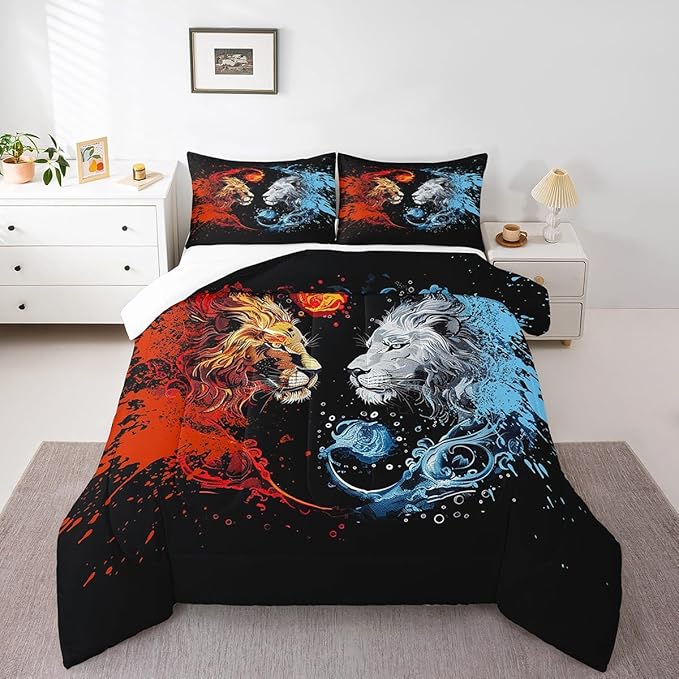 Manfei Exotic Lions Comforter King for Kids Adults Youth,Fire Water Animals Boho Style Quilt Comforter Room DecorGothic Animals Fighting Yin Yang Quilted Duvet Duvet Insert,2 Pillowcases