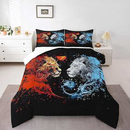 Manfei Exotic Lions Comforter Queen for Kids Adults Youth,Fire Water Animals Boho Style Quilt Comforter Room DecorGothic Animals Fighting Yin Yang Quilted Duvet Duvet Insert,2 Pillowcases