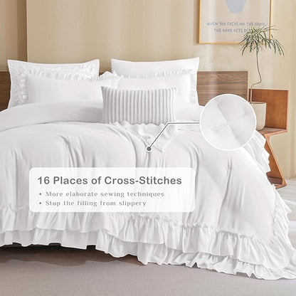 Masaca Ruffle Twin Comforter,Shabby Boho Chic Netural White Ruffled Comforter Set 3 Pieces Farmhouse Rustic French Country Kids Twin Bedding Sets Ultra Soft