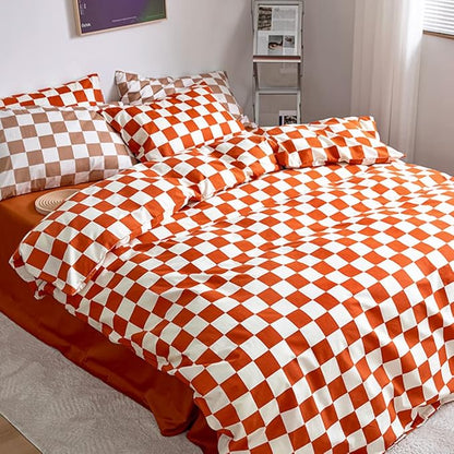CLOTHKNOW Orange Plaid Queen Comforter Set Grid Bedding Comforter Sets Soft Checker Queen Comforter Burnt Orange Queen Size Comforter Sets
