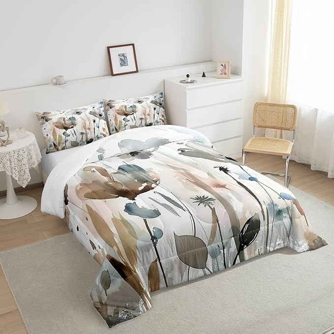 Erosebridal Boho Wildflower Comforter Set Queen Grunge Abstract Floral Bedding Set for Kids Girls Women,Spring Farmhouse Botanical Bedding Comforter Sets Rustic Country Bed Set Brown Blue