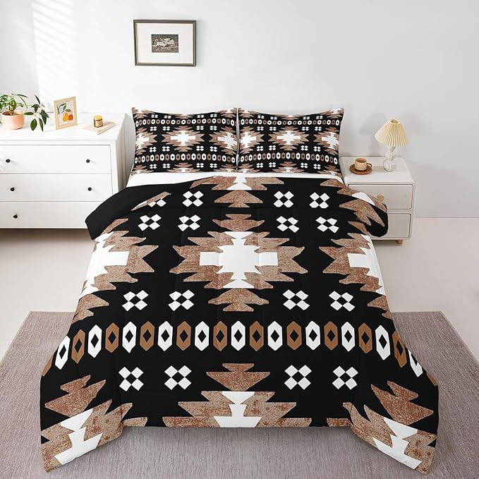 Feelyou Boho Comforter Set Full Size Southwest Native American Design Comforter Southwestern Geometric Bedding Set Western Decor Duvet Set Room Decor Brown Balck Quilt Set