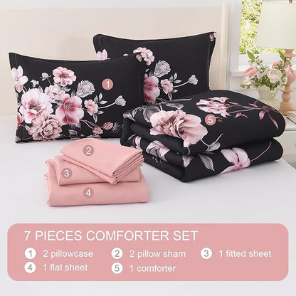 Floral Comforters Queen Size 7 Pieces Botanical Black and Pink Comforter Set Ulter Soft Microfiber Bedding Set, Lightweight Bed Comforter Set with Sheets for All Season (Black, Queen)