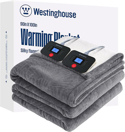 Westinghouse Electric Blanket King, Flower Jacquard Heated Blanket King Size with 10 Heating Levels and 1-12 Hours Auto-Off, Flannel to Sherpa Reversible, Machine Washable, 90" x 100" Inch, Grey