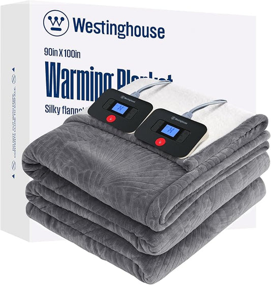 Westinghouse Electric Blanket King, Flower Jacquard Heated Blanket King Size with 10 Heating Levels and 1-12 Hours Auto-Off, Flannel to Sherpa Reversible, Machine Washable, 90" x 100" Inch, Grey