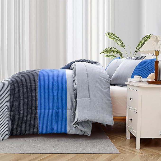 WONGS BEDDING Blue Stripe Comforter Set Twin Reversible Grey Blue Bedding Comforter Set for Twin Bed, 2 Pieces (1 Comforter+1 Pillowcase), Soft Microfiber Filling Duvet Set 68”×86”