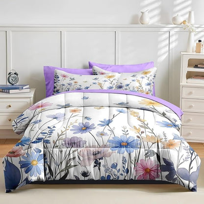 Nesker 5 Pcs Spring Comforter Set Twin Size, Blue Floral Bird Bedding Set for Kids and Adults, Purple Flower Butterfly Bed Sheet Sets with Fitted Sheet Pillowcase & Sham