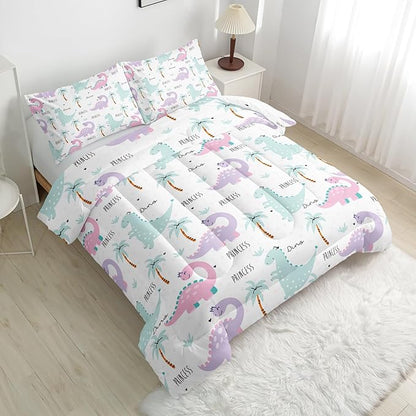 Cartoon Dinosaur Comforter Set - Bedding Set for Kids, Pink Violet Dinos, Full Size, All Season Comforter and 2 Pillowcases