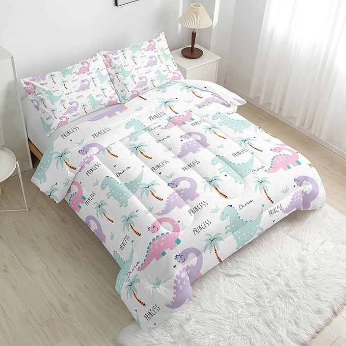 Cartoon Dinosaur Comforter Sets Bedding Sets for Kids,Pink Violet Dinos Comforter Sets Twin Size，All Season 1 Comforter and 2 Pillowcases