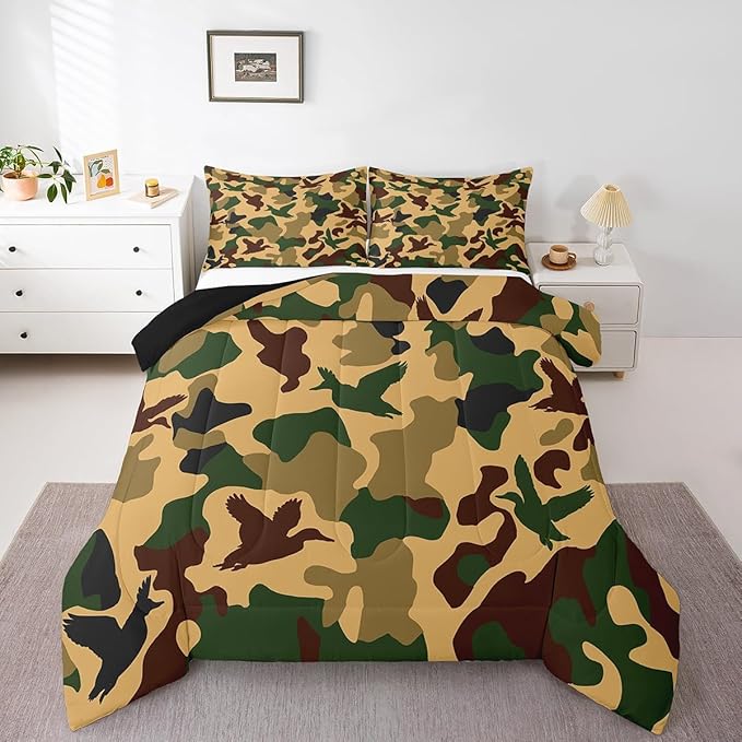 Erosebridal Camo Duck Comforter Set King Size Camouflage Bedding for Kids Hunting Farmhouse Camping Comforter Vintage Army Green Yellow Room Decor Wild Animal Rustic Duvet Set