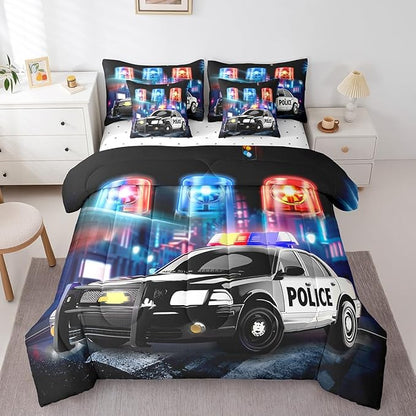 Kids Police Car Toddler Bed in a Bag Policeman Boys Comforter Set with Sheets for Adults Girls Black The Polica Vehicle 7 Piece Bedding Set Automobile Car Decor Bed Set with 2 Pillowcases King