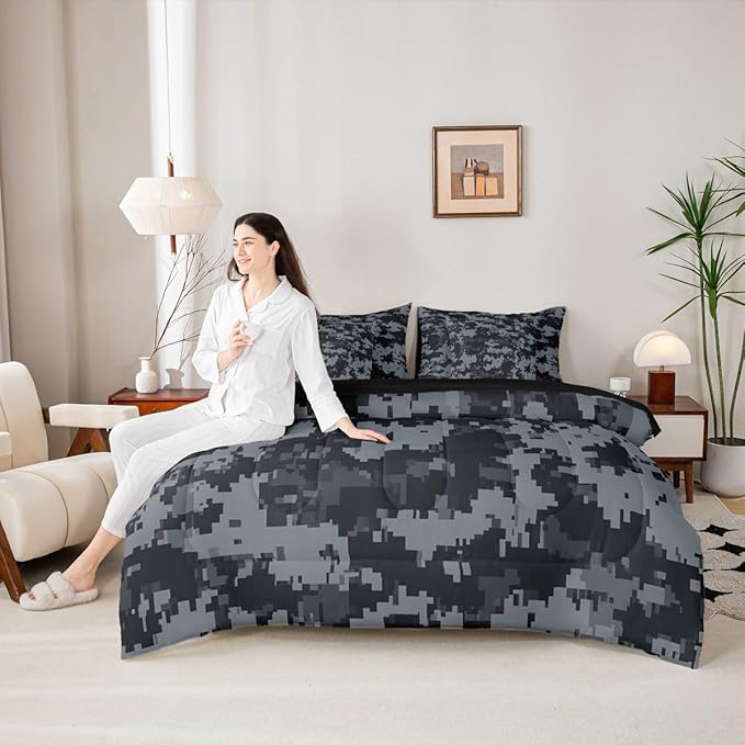 Miner Theme 7 Piece Comforter Sets King Size,Grey Black Camo All Season Reversible Bed in a Bag Pixel Grid Bedding Sets Abstract Geometric Flat Sheet,Fitted Sheet,Pillowcases