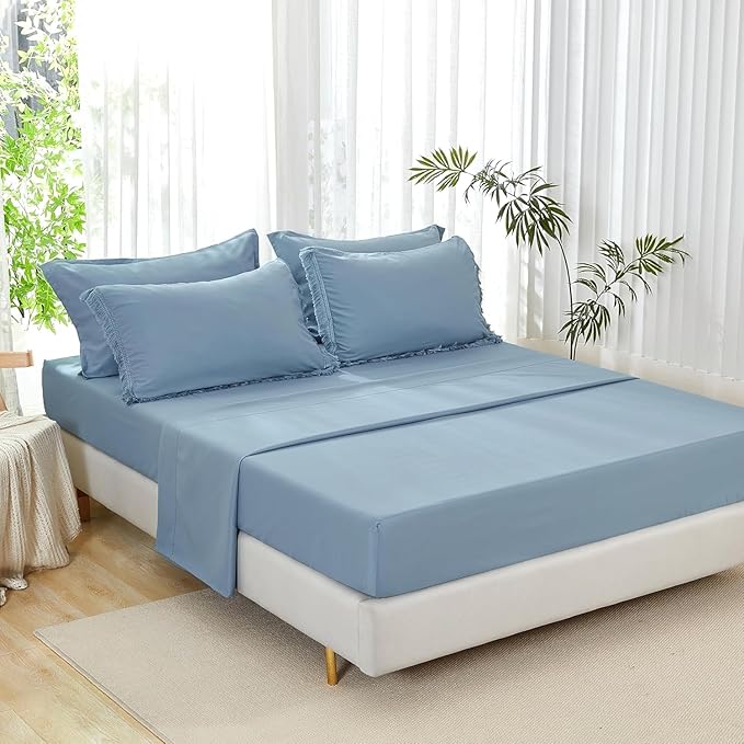 Andency Oversized King Comforter Set Grayish Blue 120x98-7 Pieces Boho Tassel Bed in a Bag Soft Lightweight Bedding Sets, Fringe All Season Bed Set with Comforter, Sheets, Pillowcases & Shams