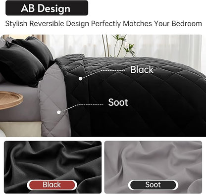 MUXHOMO 7 Pieces Oversized Queen Comforter Set, Reversible Bed in a Bag Oversized Queen Size, All Season Bedding Set with Comforter, Flat Sheet, Fitted Sheet, Pillowcases & Shams, Black & Soot