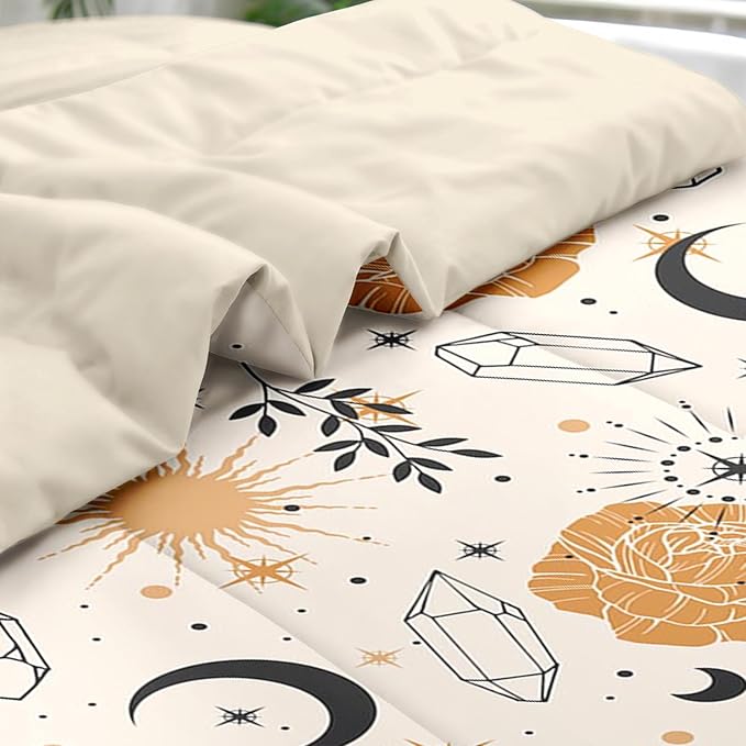 Comforter Set King Size, Plants Boho Astrology 7 Pcs Bedding for Kids and Adults, Vintage Space Leaf Bed Sheet Sets with Fitted Sheet 2 Pillowcases & 2 Shams for Bedroom Bed Decor