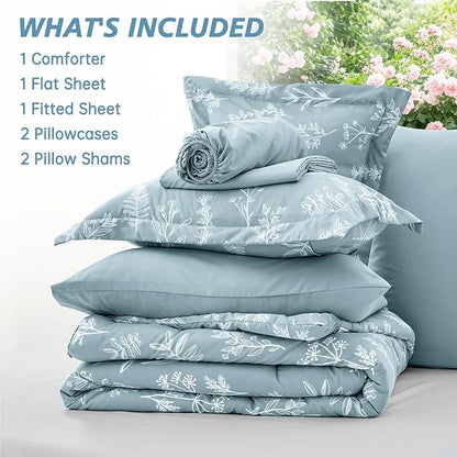 MUXHOMO Mineral Blue Cal King Comforter Set, Elegant Floral Print Bed in a Bag 7 Pieces, Ultra Soft & Breathable Reversible Botanical Pattern Bedding Set with Comforter, Sheets, Pillowcases, and Shams