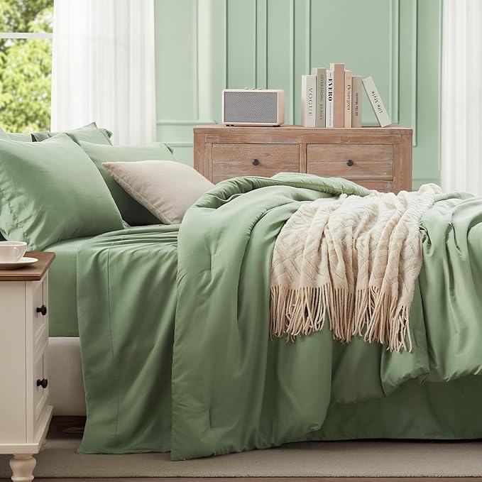 Anluoer Sage Green King Comforter Set 7 Pieces, Bed in a Bag with Sheets, All Season Bedding Sets with 1 Comforter, 2 Pillow Shams, 2 Pillowcases, 1 Flat Sheet, 1 Fitted Sheet