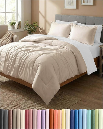 Queen Comforter Set - 3 Piece Bed Set for All Seasons - 1 Soft Quilted Comforter w/ Corner Tabs & 2 Pillow Shams - Comfy, Cozy & Breathable - Premium Down Duvet Insert - Oeko-TEX - Queen Size, Wheat