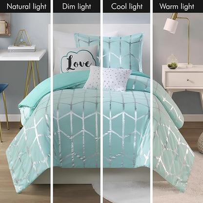 Intelligent Design Raina Twin / Twin XL Comforter Set, Soft Microfiber Comforter Set Twin, Modern Geometric Metallic Bed Set, 4 Pieces College Bedding Comforter Set with 1 Sham, 2 Toss Pillows Aqua