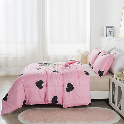 Caressma Love Pattern Girls Pink Comforter Set Queen Size, Blush Pink Cute Love Heart Sexy Comforter Bedding Set for All Seasons, Geometric Soft Microfiber 3 Pieces Comforter Set with Pillowcases