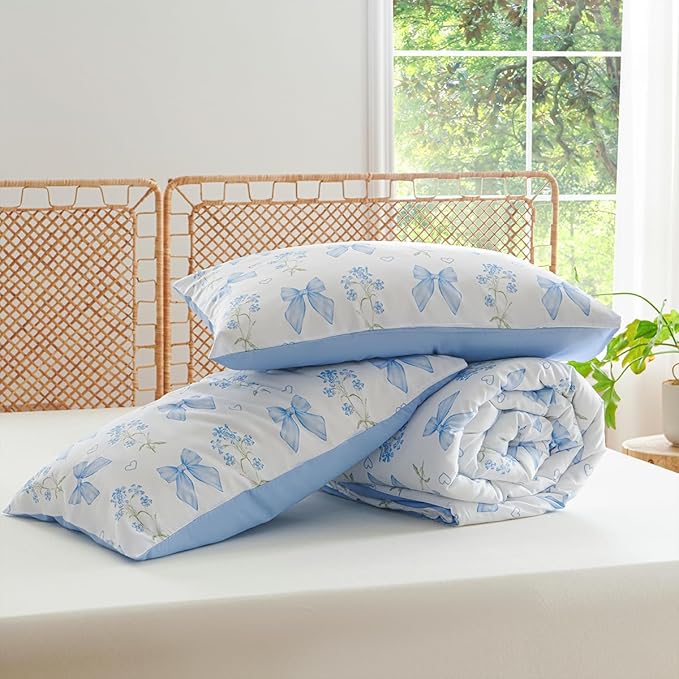 Blue Bow Comforter Set Queen 3Pcs Blue Floral Bedding Set for Girls Kids Romantic Princess Style Bowknot Bedding Ultra Soft Reversible Garden Flower Comforter Sets with 2 Pillowcases