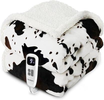 Cow Print Heated Blanket Twin-Heating Electric Blanket Twin with 10 Heat Levels & 10 Hours Auto-Off, Cozy Soft Fleece Sherpa, Washable, 62 x 84 Inches Cow Print White