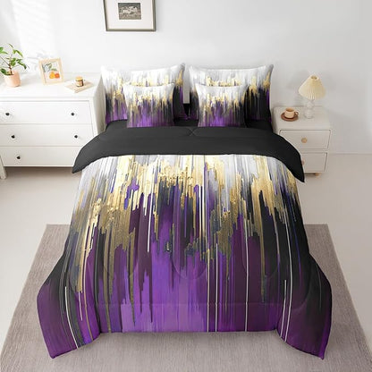 Purple Bedding Twin Size 7Pcs Watercolor Graffiti Comforter Set, Striped Oil Painting Bedding Comforter Sets Aesthetic Modern Bed in a Bag, Ombre Brush Marks Contemporary Bedding Accessories