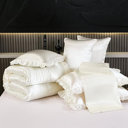 Silk Like Satin Comforter Set with Sheet Set King 8 Pcs White Satin Bedding Set Silky Ruffle Pattern Home Deocr Luxury Hotel Silky Bed in a Bag with 1 Cushion Cover