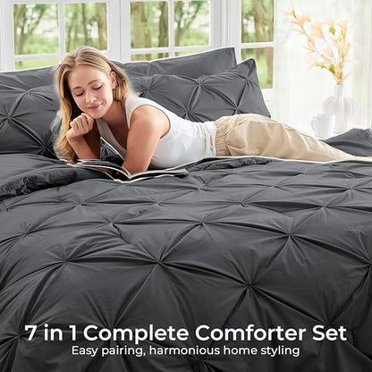 Sasttie Twin XL Comforter Set, 5-Piece Bed in a Bag, Pintuck Bedding Set for All Season, Includes Comforter, Flat Sheet, Fitted Sheet, Pillowcase and Pillowsham, Dark Grey
