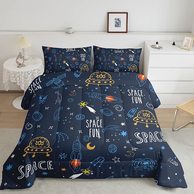 Outer Space Comforter Sets Queen，Bedding Sets for Kids,Cartoon Rocket and Flying Boat Comforter Sets All Season 1 Comforter and 2 Pillowcases