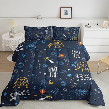 Outer Space Comforter Sets Queen，Bedding Sets for Kids,Cartoon Rocket and Flying Boat Comforter Sets All Season 1 Comforter and 2 Pillowcases